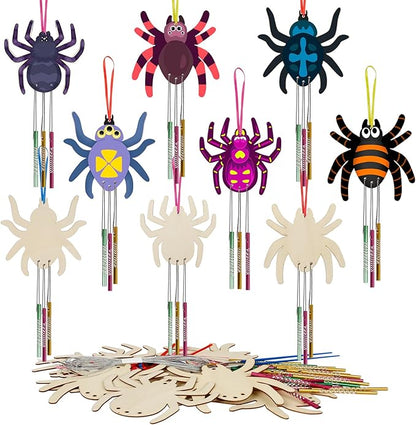 Fennoral 9 Pack Spider Wind Chime Kit for Kids Make You Own Spider Wind Chimes Wooden Arts and Crafts for Girls Boys DIY Coloring Halloween Hanging Ornaments Craft Activity Halloween Party Decorations