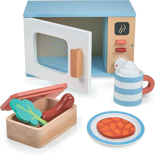 Mentari Toys - Toy Microwave - 9pc Wooden Microwave Set with Pretend Play Food - Kids Role Play Kitchen Accessories - Improve Social and Communication Skills - Sparks Creativity - Age 3+