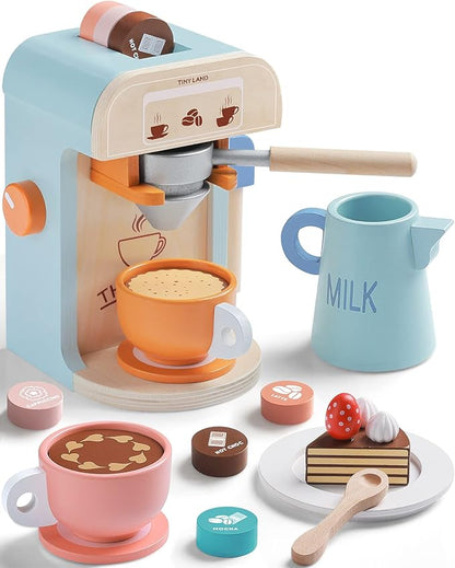 Tiny Land Kids Coffee Maker Wooden Kitchen Toys - 17Pcs Toy Coffee Maker Playset - Wooden Play Toys, Play Kitchen Accessories for Girls & Boys