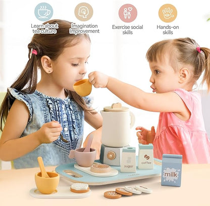 Tea Party Set for Kids, Wooden Tea Set for Little Girls and Boys, Kids Play Kitchen Accessories Toy Tea Set for Toddler, Pretend Play Toddler Tea Set Ideal Gift (Light Blue Coffee Tea Set)