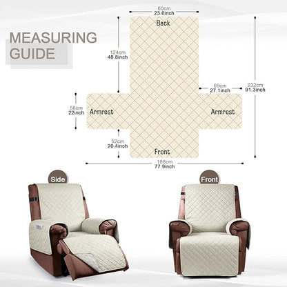 KinCam 100% Waterproof Recliner Chair Cover, Reclining Couch Covers for Pets, Dogs, Recliner Couch Slipcover Furniture Protector with Elastic Straps for Kids(23.6", Ivory)