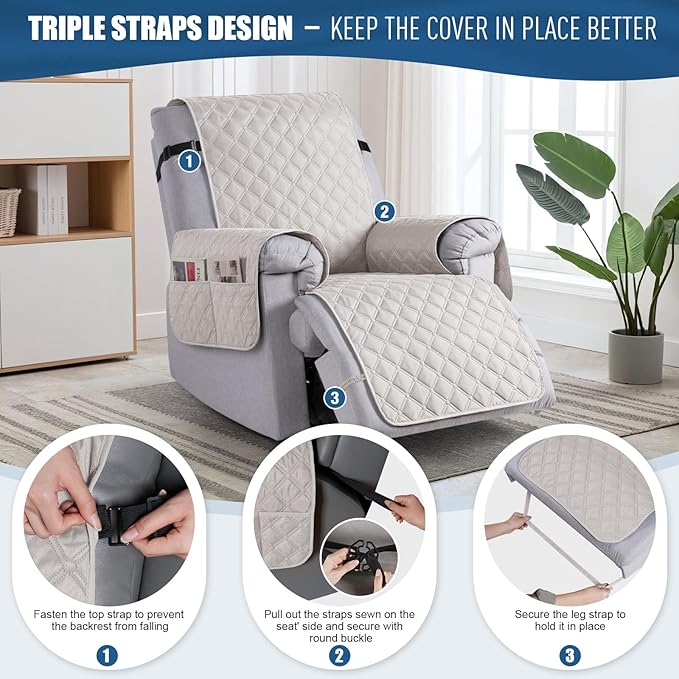TAOCOCO 100% Waterproof Recliner Covers, Recliner Sofa Covers with Leg Straps, Reversible Recliner Couch Cover for Reclining Chair, Washable Couch Protector for Pets Kids(1 Seater 22", Off Whit)