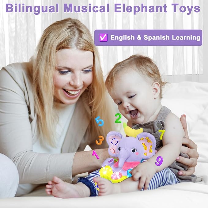 Holaxander Baby Elephant Musical Stuffed Animals Toy with Light-Up Music & Crinkle Sound Paper,Infant Bilingual Early Learning Education Toys,Tummy Time Toys for 0-3-6-12+ Months Boy Girl, Purple