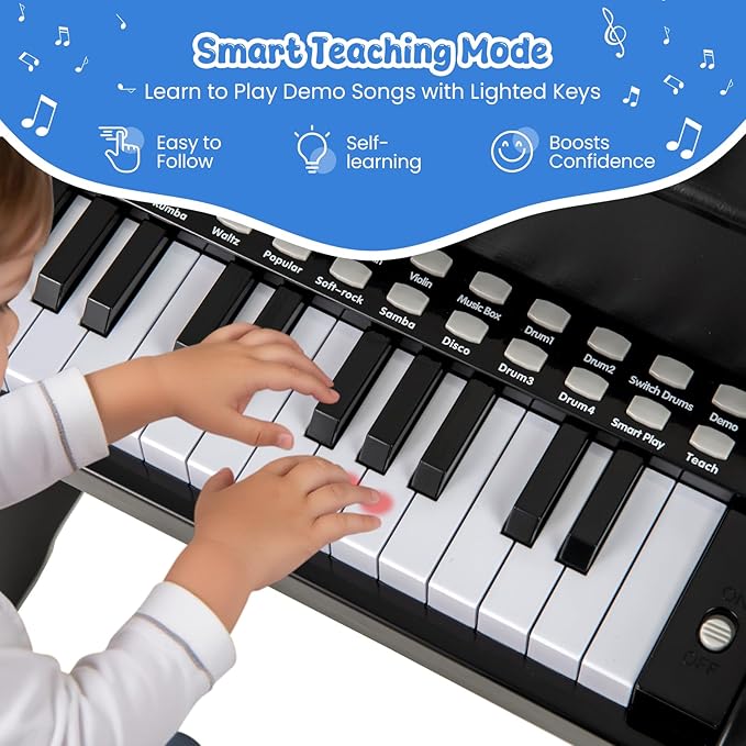 HONEY JOY Wooden Kids Piano, 25 Lighted Keys Kids Keyboard Piano w/Music Stand, Bench, Early Learning Educational Musical Instrument, Baby Music Toy for 3+ Years Old Toddlers Boys Girls (Black)