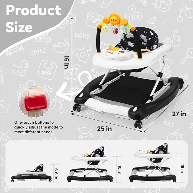 Baby Walker, 5 in 1 Baby Walkers for Boys Girls 6-12 Months, Foldable Walkers for Babies with Bouncer & Feeding Tray, Music, Adjustable Heights, Activity Walker for Infant