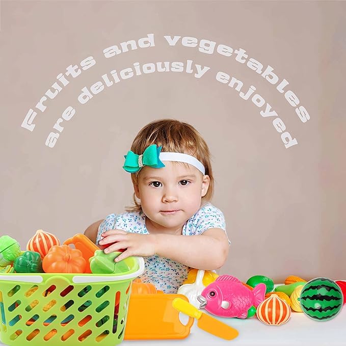 Cutting Play Food Set Kitchen Pretend - 40pcs Grocery Basket Toys Food for Kids Toddlers Girls Boys Educational Fake Fruits Vegetables Pizza Knife Dishes Playhouse Accessories Xmas Gifts