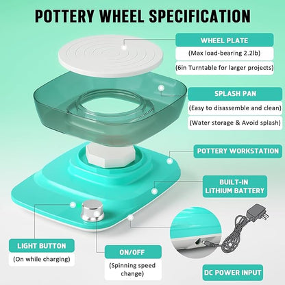 Pottery Wheel for Adults Beginners Kids - 6" Variable Speed Pottery Wheel Tool Kit, RPM Speed Adjustable with Rechargeable Battery, 1.8 Lb Air Dry Clay, Art Supplies, Crafts for Adults Teenager