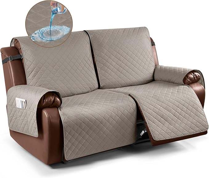 KinCam Waterproof Oversized Loveseat Recliner Cover, Non-Slip Reclining Couch Covers for 2 Seat, Recliner Sofa Cover Furniture Protector with Elastic Straps for Kids, Pets, Khaki