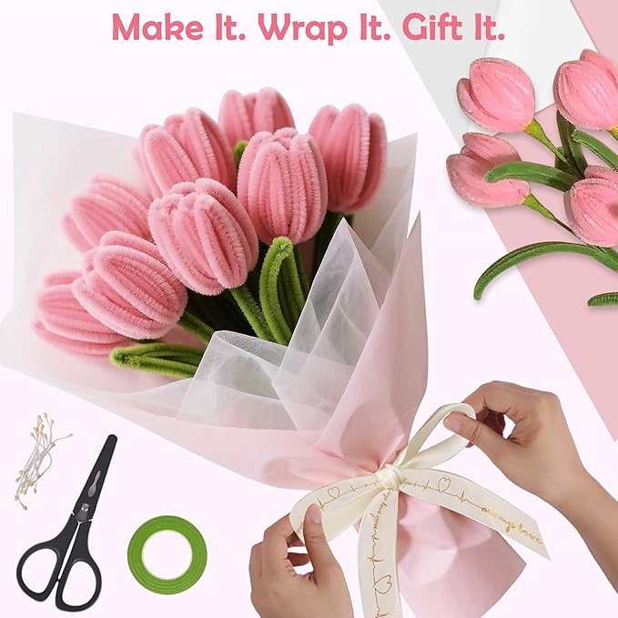 500 Pcs Pipe Cleaners Craft Kit for Flower Making, Complete DIY Bouquet Set with Chenille Stems, Craft Wire, Stamen, Tape, Ribbon & More, Perfect for Arts, Handmade Gifts & Decorations