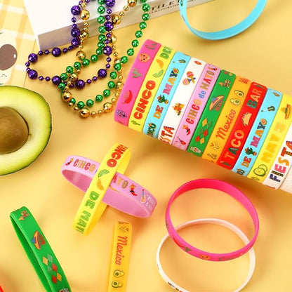 JUNEBRUSHS 24pcs Mexican Fiesta Party Favors Silicone Bracelets Cactus Guitar Hat Rubber Wristbands for Fiesta Mexican Birthday Party Decorations Gift Goodie Bag Stuffers(8 Designs)