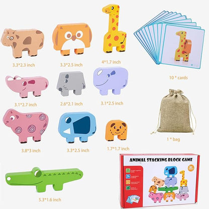 Montessori Toys for 2-4 Year Old Boys or Girls, 10 Pack Wooden Animal Blocks Sorting & Stackin with Cards, Suit for Kids Preschool Educational Toys, 3-5 Year Old Toddlers Girl Boy Gifts