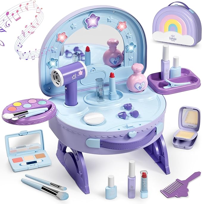 Lehoo Castle Toddler Vanity with Makeup Set, Portable Makeup Vanity for Girls with Lights Music Electric Hairdryer, Pretend Play Princess Toys for Dress Up, Birthday Gifts for 3 4 5 Years Old Girls