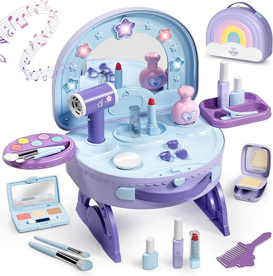 Lehoo Castle Toddler Vanity with Makeup Set, Portable Makeup Vanity for Girls with Lights Music Electric Hairdryer, Pretend Play Princess Toys for Dress Up, Birthday Gifts for 3 4 5 Years Old Girls