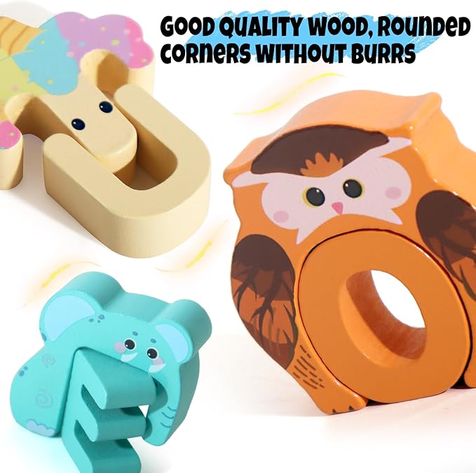 BESTAMTOY 52 Pieces Matching Game, Wooden Alphabet Animal Puzzles for Toddlers, ABC Peg Puzzles for Kids Ages 3-5, Preschool Learning Activities Toys