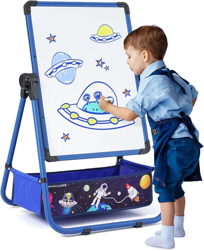 Kids Art Easel with 29.5inch-44inch Height Adjustable Whiteboard&Chalkboard Double Sided Easel 360°Rotating Standing Art Easel for Kids Blue