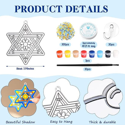 30 Set Hanukkah Craft Kit Chanukah Suncatchers Kits Window Art Menorah Dreidel DIY Make Your Own Paint Suncatcher Ornaments for Jewish Hanukkah Art Craft Activity