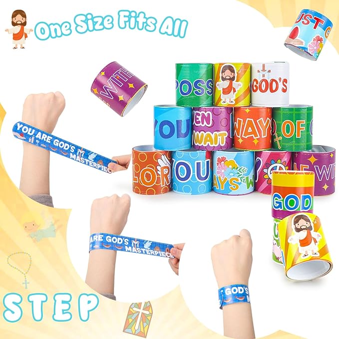 LovesTown 48PCS Christian Snap Bracelets, Bible Verses Religious Slap Wristbands Slap Bracelets for Kids Sunday School Gifts Classroom Prizes