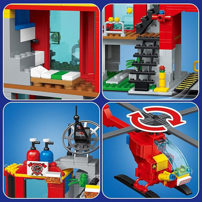 City Fire Rescue Building Set with Fire Station, Truck & Helicopter,737pcs Toy Gift for Boys 6+ (Compatible with Lego)