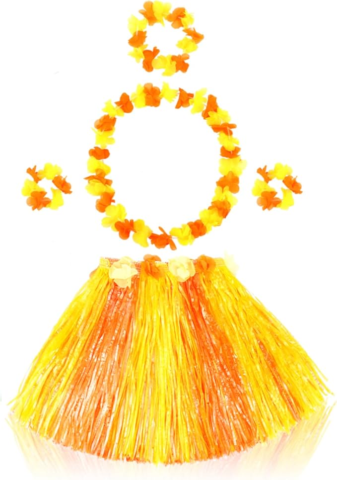 Fortuning's JDS Girl's Hawaiian Hula Grass Skirt for Party Outfits Kids Flowers Costume for Luau Tropical Beach Party Decor