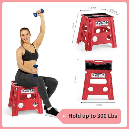 Delxo Folding Step Stool,Non-Slip Stool 13 inch Height Premium Heavy Duty Foldable Stool for Kids and Adults,Kitchen Garden Bathroom Stepping Stool 1 Pack in Red,Dotted Texture