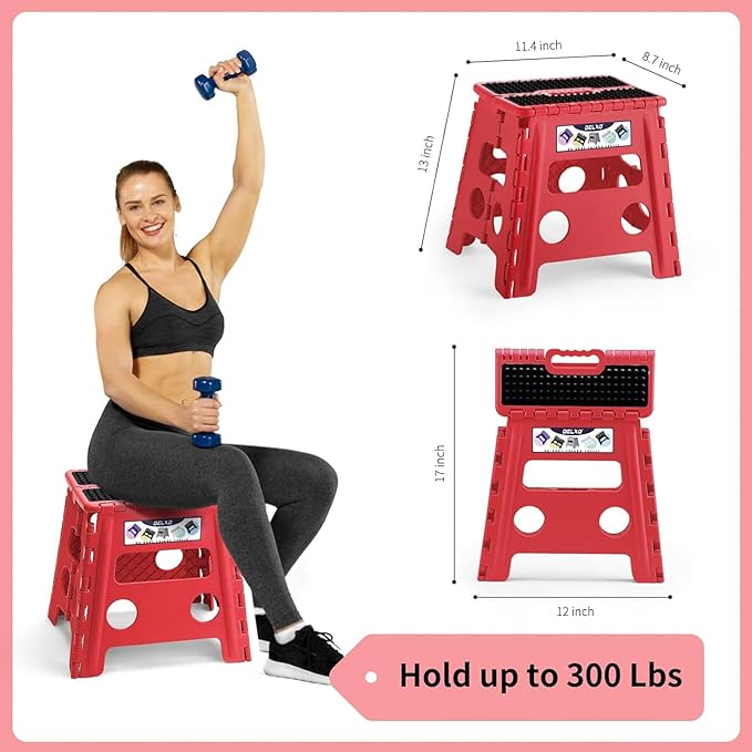 Delxo Folding Step Stool,Non-Slip Stool 13 inch Height Premium Heavy Duty Foldable Stool for Kids and Adults,Kitchen Garden Bathroom Stepping Stool 1 Pack in Red,Dotted Texture