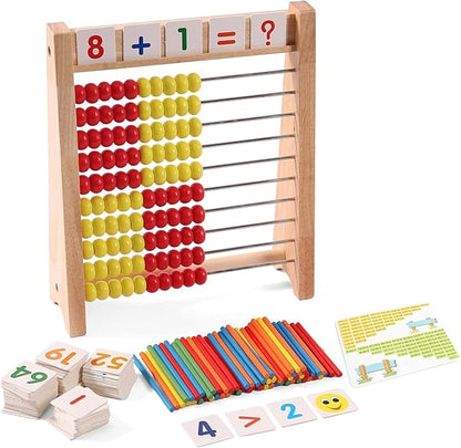 Wooden Abacus for Kids Math Learning Tool with Counting Sticks Numbers 1-100 Cards Math Counters Toys for 1st 2nd Grade Preschool Boys Girls Educational Early Math Learning Toy