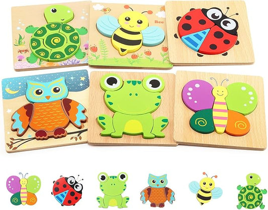 Wooden Puzzles for Toddlers 2-4, 6 Pack Animal Puzzles for Age 1-3, Montessori Educational Toy for 1,2,3,4 Years Old Boys and Girls, Baby Toys Gifts Package Storage