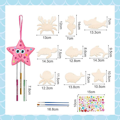 Fennoral 9 Pack Wind Chime Kit for Kids Make Your Own Ocean Animals Wind Chime Wooden Arts and Crafts for Girls Boys Ornaments DIY Coloring Sea Animals Craft for Art Activity Summer Party Decoration