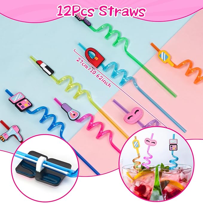 110 Pink Party Favors Princess Birthday Supplies Straw Bubble Silicone Bracelet Keychain Tattoo Sticker Girl Kid Toy Gift Goodie Bag Stuffer Filler Makeup Party Decorations