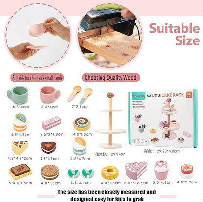 Wooden Tea Party Set, Tea Sets for Toddlers 3-5, Toddler Tea Set with Dessert Cookies & Cake Stand, Kids Tea Sets for Girls, Little Girl Tea Party Set Birthday