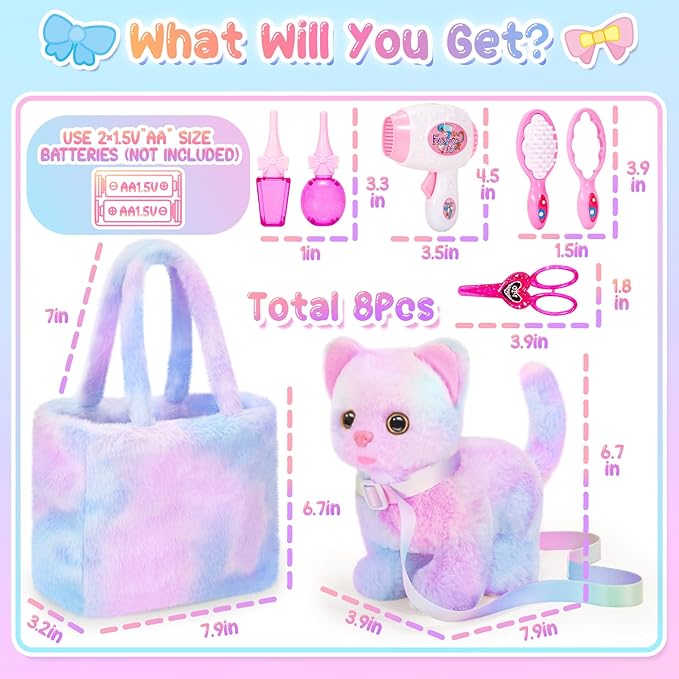 NINAOR Plush Interactive Cat Toys for Kids with Tote Bags, Stuffed Robot Pet Kitten with Leash Walking Meow Pretend Play, Realistic Cute Stuff Fidget Toys for Toddler Stocking Stuffers Birthday Gifts