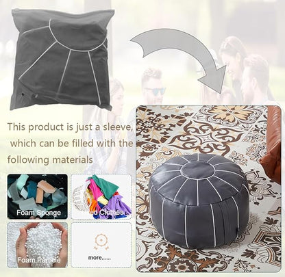 Louis Donné 21 Inch Unstuffed Moroccan Pouf Ottoman Cover, Handmade Faux Leather Foot Stool, Round Storage Poof Cover, Exotic Décor for Living Room Bedroom or Wedding Gifts (Light Gray)