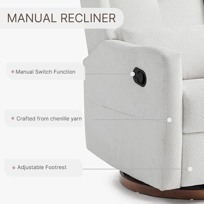 Upholstered Recliner Swivel Glider Nursery Chair Reclining Performance Fabric Rocker with Wood Base,Boucle,Ivory