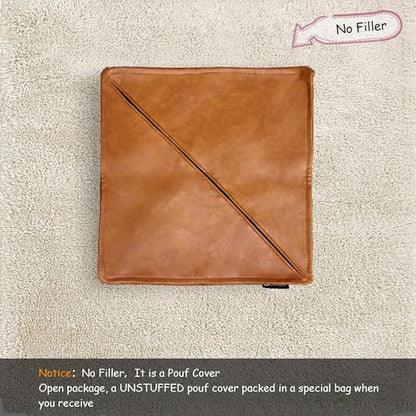 Louis Donné Moroccan Unstuffed Pouf Cover, Faux Leather Poofy Ottoman Footstool For living room Decoration Square Foot Rest for Storage Orange Floor Cushion Footrest 17.7 Inch (Only Cover) (No Filler)