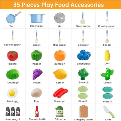 35Pcs Kids Kitchen Toy Accessories, Toddler Pretend Cooking Playset with Play Pots and Pans, Utensils Cookware Toys, Play Food Set, Toy Vegetables, Learning Gift for Girls Boys (Blue)