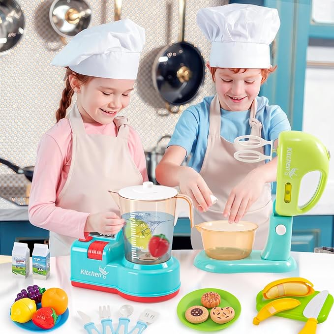 Golray 28pcs Play Kitchen Appliances Toy for Kids, Electric Mixer Toaster Blender with Light&Sound, Cutting Play Food, Pretend Kitchen Accessories, Toddler Birthday Gift Toy for Boy Girl 3 4-8 Year