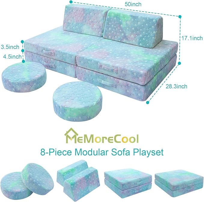 MeMoreCool Modular Glow Sofa for Kids, Colorful Star 8-Piece Convertible Foam Toddler Couch Play Set for Playroom and Children
