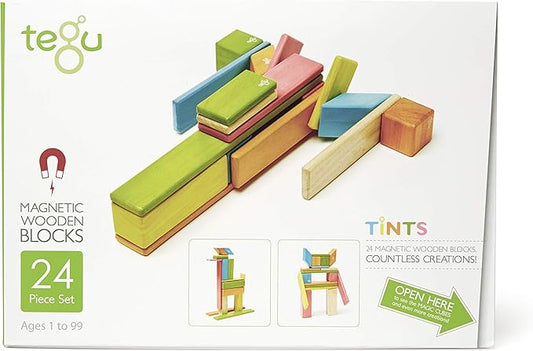 24 Piece Tegu Magnetic Wooden Block Set, Tints, 1-99 years old