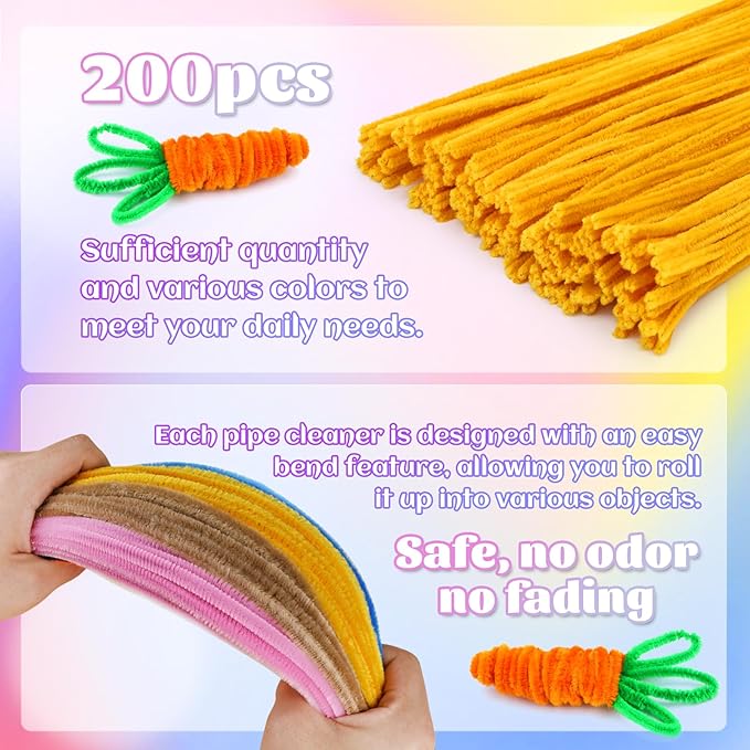 LOKUNN Pipe Cleaners, 200 Pcs Yellow Pipe Cleaners Craft Set, Solid Color Chenille Stems, DIY Arts and Crafts with Adhesive Eyes and Storage Box, Christmas Mother's Day Decoration Art Supplies