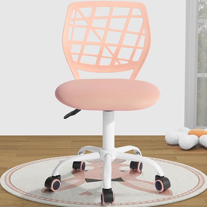 FurnitureR Kids Desk Chair, Small Office Chair Armless Study Chair, Cute Chic Adjsutable Swivel Rolling Task Chair with Soft Cushion for Kids Teens Children Student, Rose