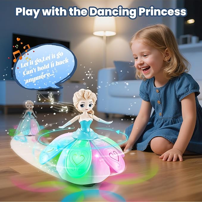 Toys for 3 Year Old Girls, Ice Princess Dancing Robot Doll for 3 4 5 Year Old Girl Birthday Gifts, Bump and Go Moving Toy with Magic Lights & Music, Easter Basket Stuffers Gifts for Kids Toddlers