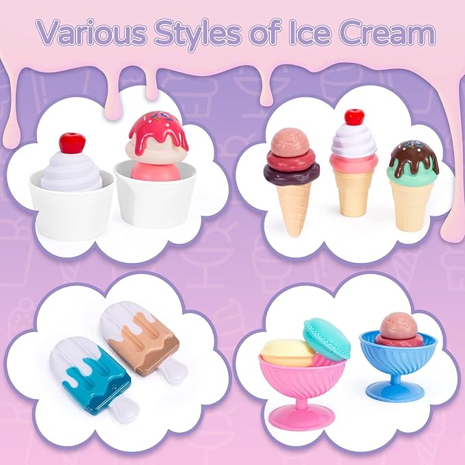 Ice Cream Cart Toys for Kids, 52 Pcs Ice Cream Shop Playset, Ice Cream Stand Food Toys for Toddlers 3-5，Pretend Play Grocery Store Set Toy for Ages 2-4-6, Girl or Boy Christmas Birthday Gifts