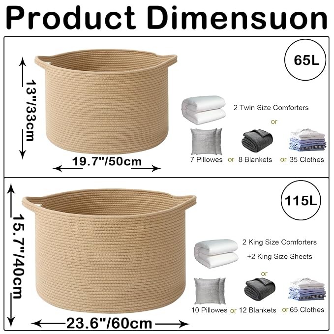 115L Extra Large Woven Cotton Rope Blanket Basket with Handles, Laundry Hamper Storage Bin for Pillows, Comforters,Clothes, Toys, Nursery, Bedroom and Living Room Organization,Camel