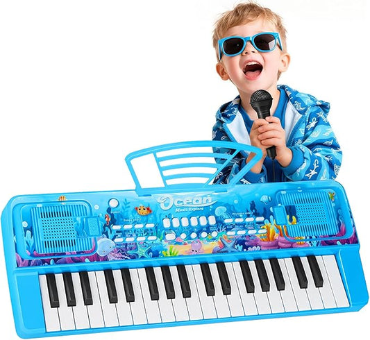 Upgraded 37 Keys Kids Piano Keyboard with Microphone Music Stand – Portable Musical Toys for Toddlers Ages 3 4 5 6 Boys Girls Birthday Gift - Blue