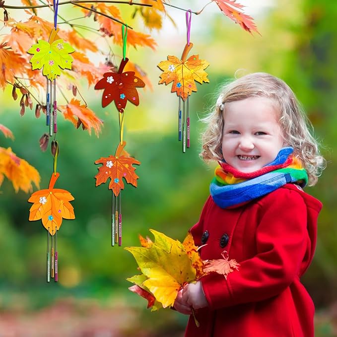 Fennoral 9 Pack Fall Wind Chime Kit for Kids Make You Own Maple Leaf Wind Chime DIY Coloring Fall Craft Wooden Hanging Ornaments Outdoor Activity Autumn Thanksgiving Party Decorations