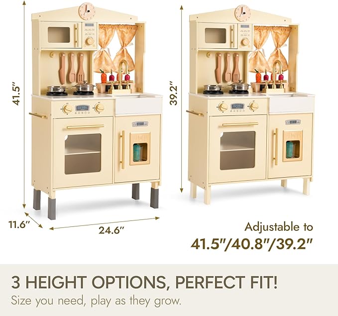 Giant bean Wooden Play Kitchen, Toddler Kitchen Playset, with Microwave Play Sink Ice Maker Oven Cookware Accessories Playset, Pretend Play Food Toys for 3+ Year Old Boys Girls