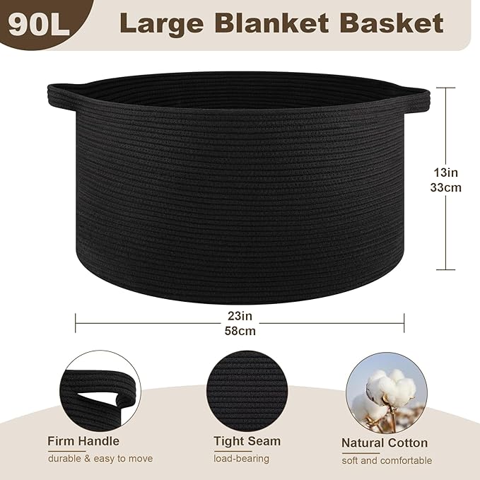 OIAHOMY 90L Blanket Basket for Living Room, Large Basket 23" x 23" x 13" with Handle, Laundry Hamper for Blankets, Pillows, Toy Storage for Kids, Dogs - Black