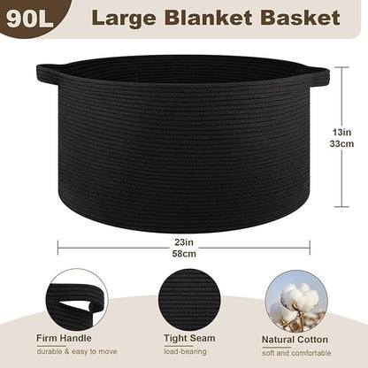 OIAHOMY 90L Blanket Basket for Living Room, Large Basket 23" x 23" x 13" with Handle, Laundry Hamper for Blankets, Pillows, Toy Storage for Kids, Dogs - Black