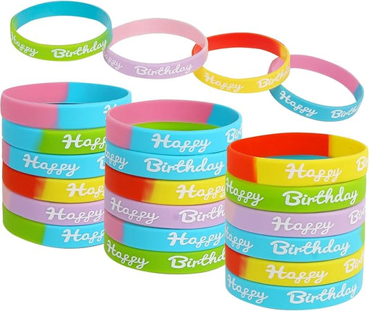 FOIMAS 24pcs Birthday Rubber Bracelet,Colored Happy Birthday Silicone Wristband for Kids Students Birthday Classroom Party Favor
