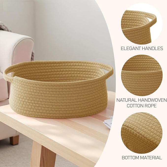JMvicyroam Woven Basket,Small Rope Storage Bin with Handles & Ribbon Bag, Organizer for Shelves Closets,Gift Basket Empty for Birthday,Books,Dog Toys, Jute